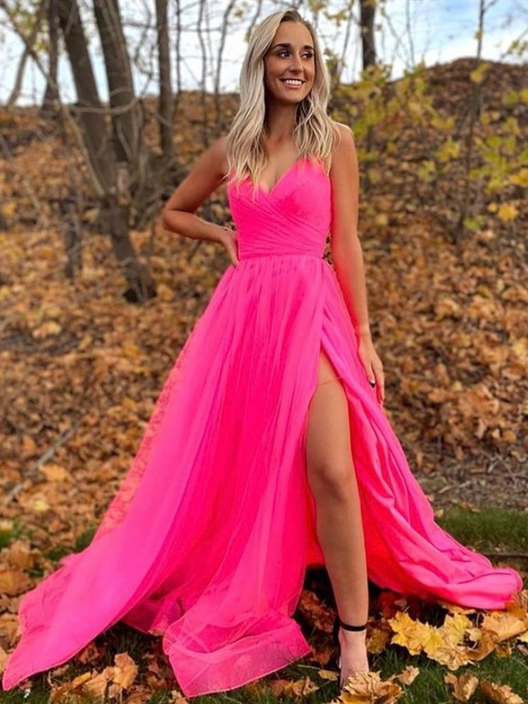 A Line V Neck Hot Pink Prom Dresses ...